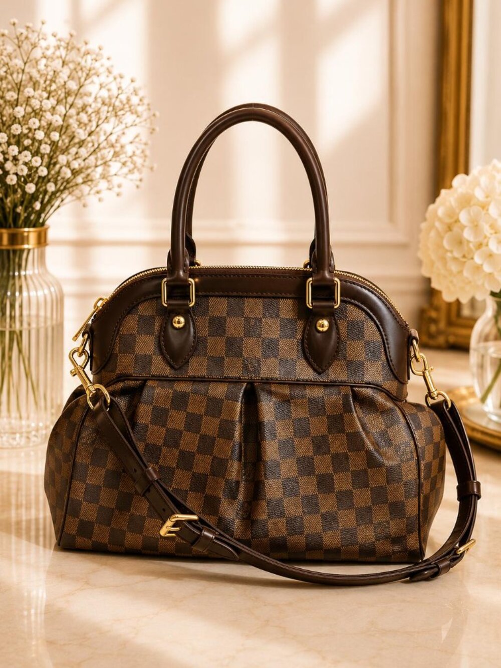 Authentic Louis Vuitton Trevi PM Damier Ebene Canvas Satchel Shoulder Bag
